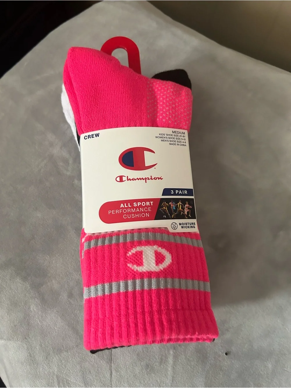 Champion Men’s Crew Athletic Socks in Bright Pink with Gray Accents (3-Pack)